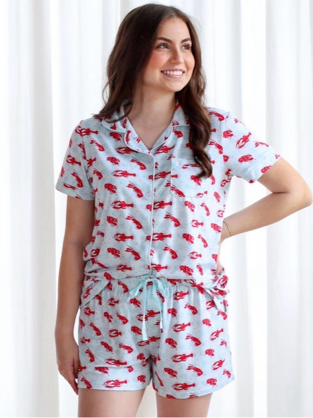 Women's Short Pajama Set with Red Lobster Print - Light Blue